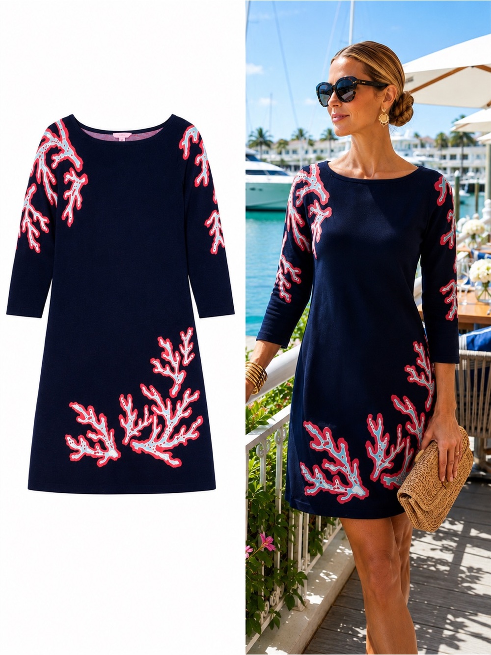 Lilly Pulitzer Polly Coral Jacquard Sweater Shift Dress XL Navy Coastal Resort